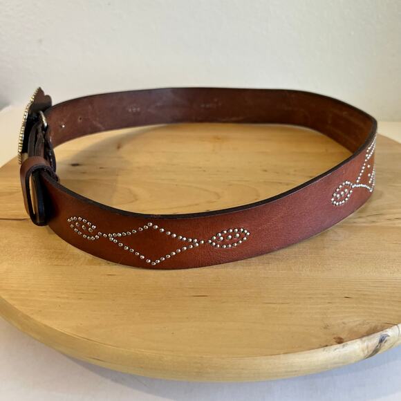 Fossil Brown Genuine Leather Silver Studded Indie Chunky Buckle Belt Size Medium
